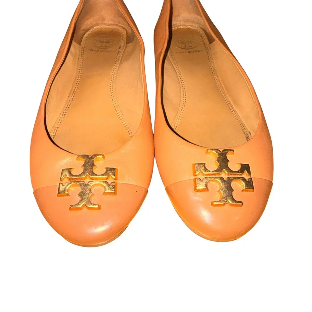 Tory Burch EVERLY Ballet Flats Women 6 Pre-Owned Tan Leather Gold Logo Reva Shoe